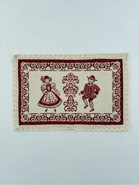 Vintage European Folk Art Table Mat Red Cream Lace Trim Alpine Couple